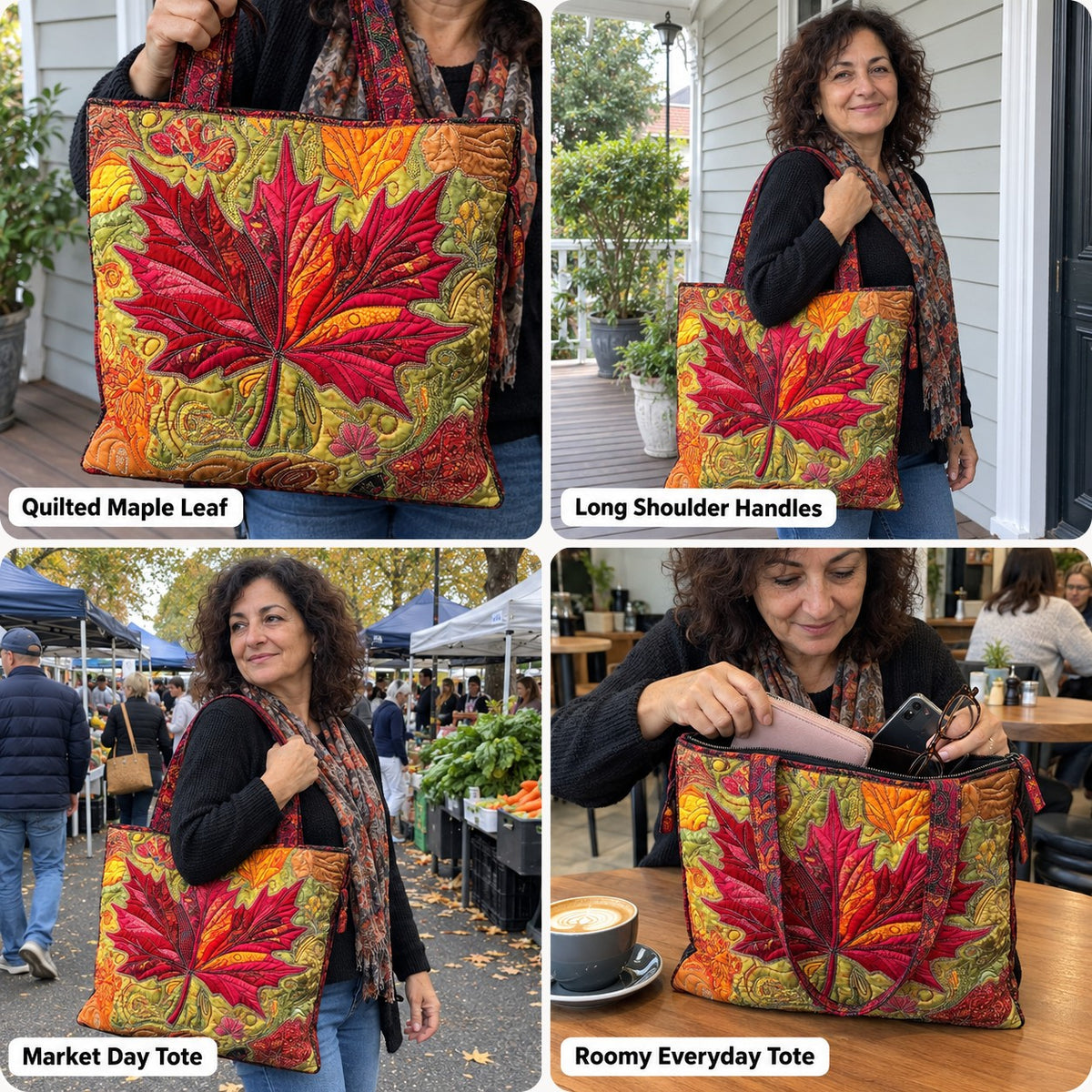 Gwenno | Quilted Shoulder Tote with an Autumn Maple Leaf