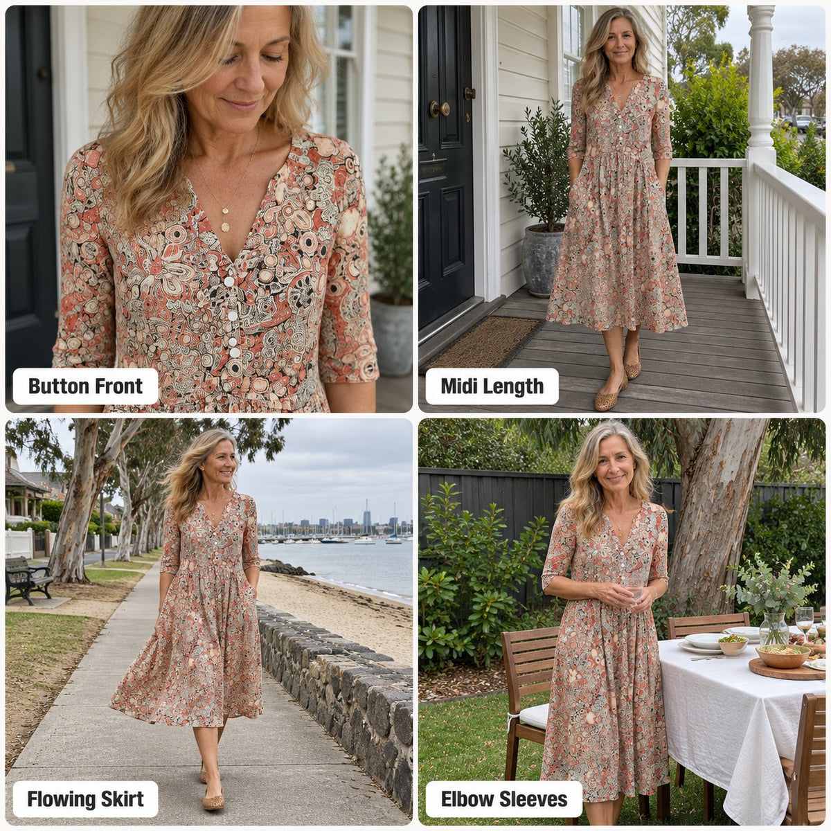 Harlow | Button Front V-Neck Midi Dress with Elbow Sleeves