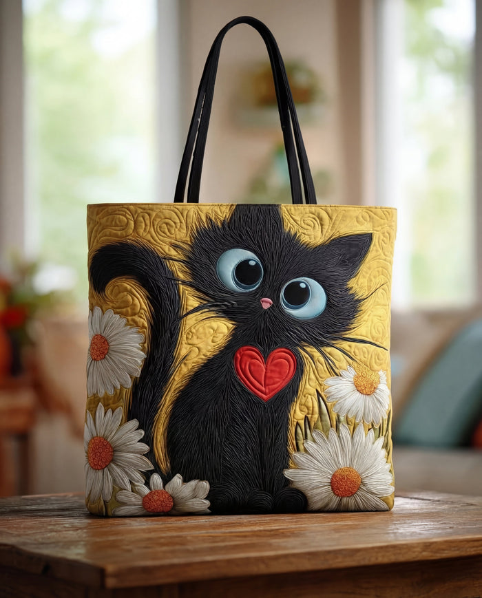 Handcrafted Bag - Black Cat with Heart and Daisies