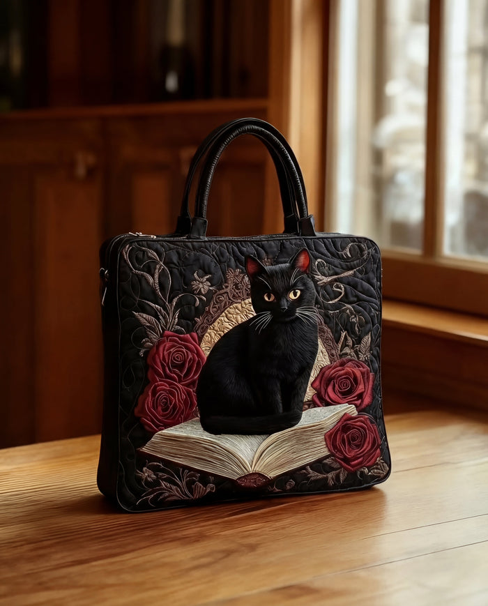 Quilted Handcrafted Bag - Black Cat with Book and Roses