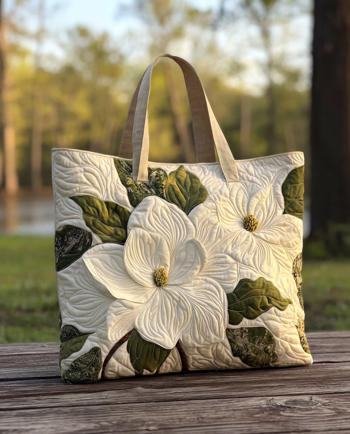 Quilted Handcrafted Bag - White Magnolias