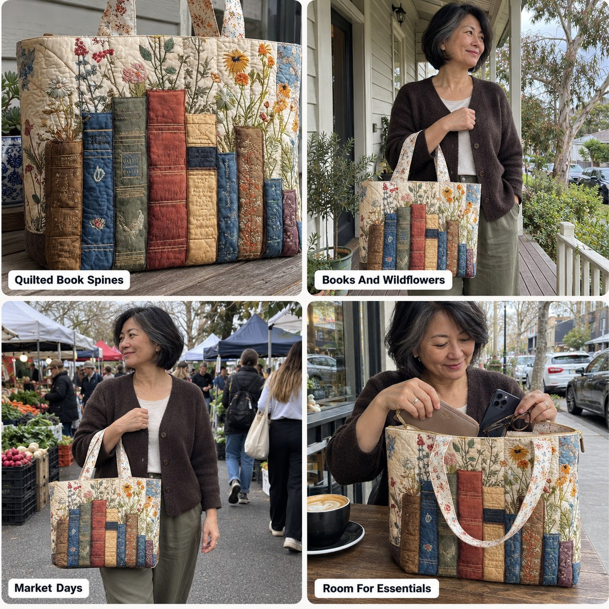 Liza | Quilted Tote Bag with a Row of Books and Wildflowers
