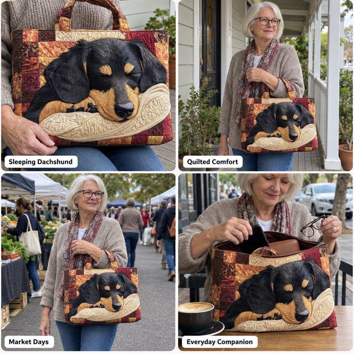 Niamh | Quilted Tote Bag with a Sleeping Dachshund