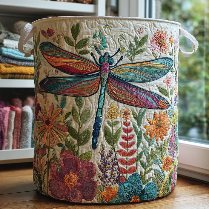 Quilted Laundry Basket - Dragonfly and Wildflowers