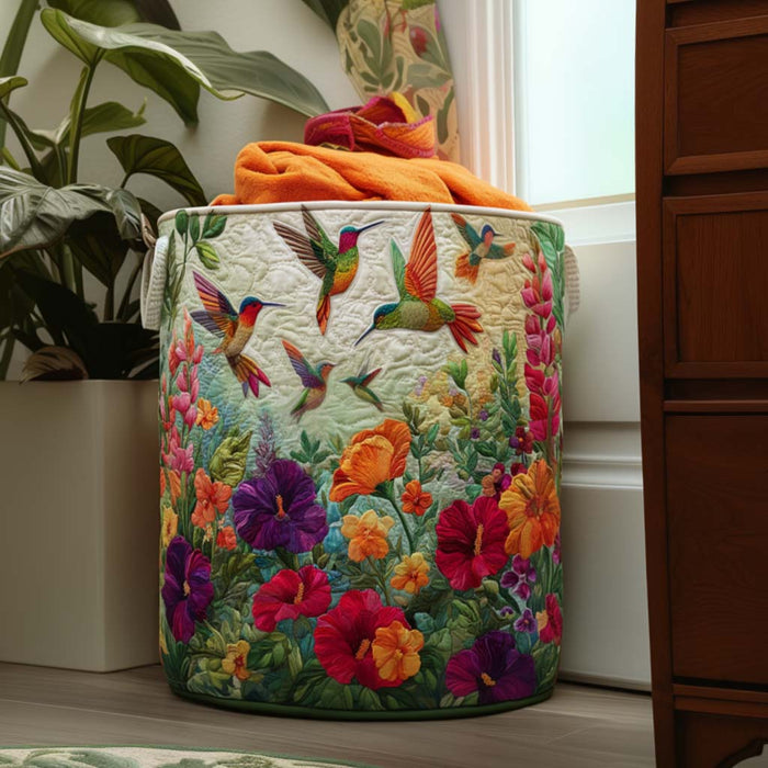 Quilted Laundry Basket - Hummingbirds and Bright Flowers