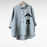 Elegant Summer Blouse in Grey Stripe with Cat