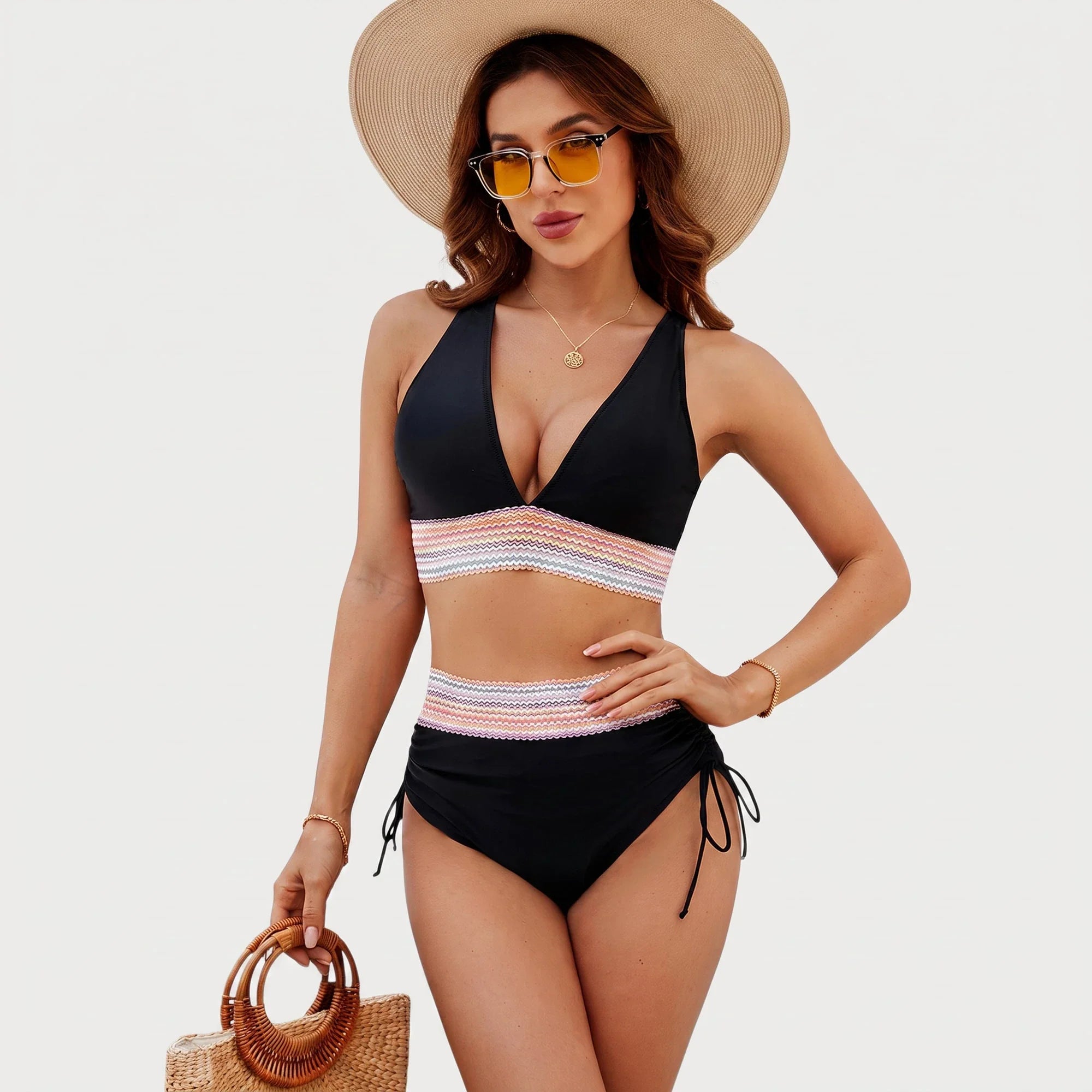 Elegant High-Rise Bikini Set Black, photo studio