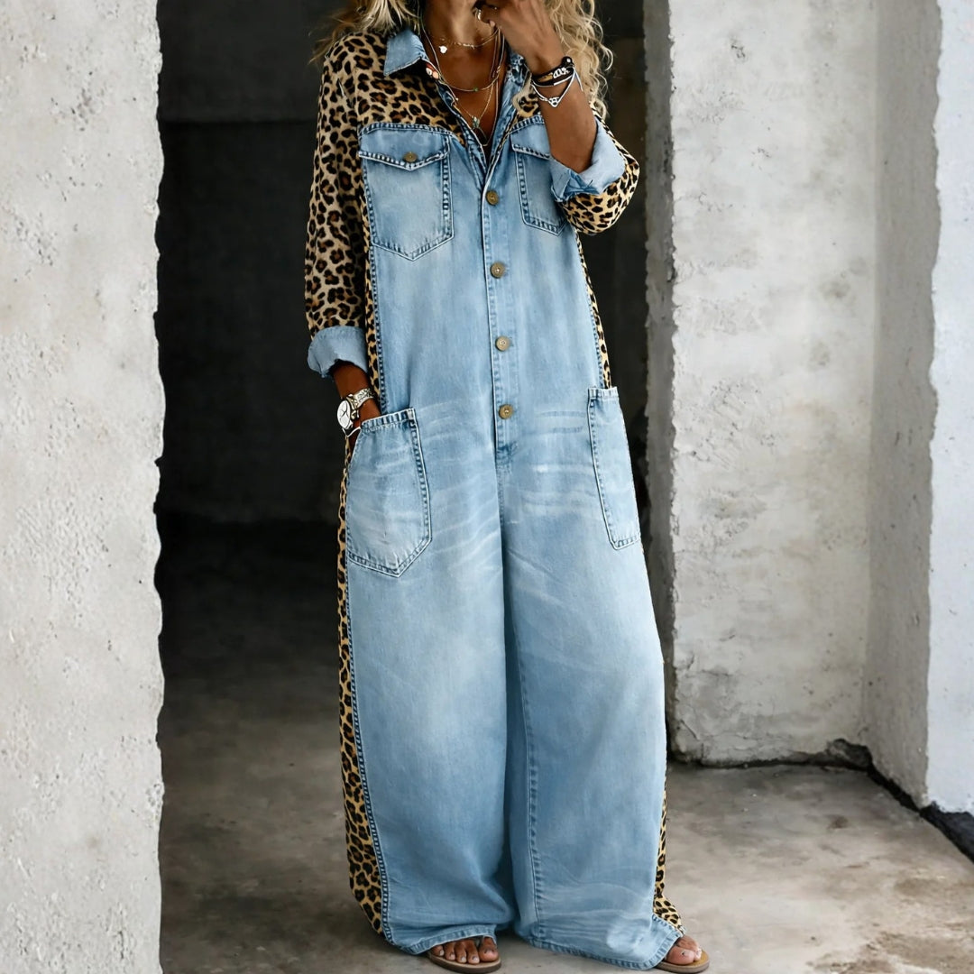 Buttoned Long-Sleeve Denim Jumpsuit