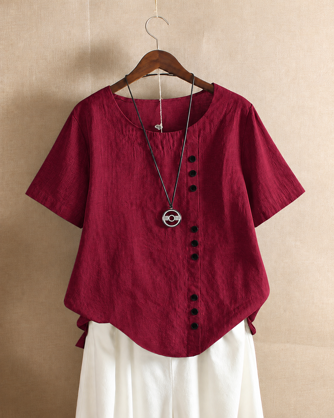 Ursula | Asymmetric Button Blouse Burgundy, studio photo
