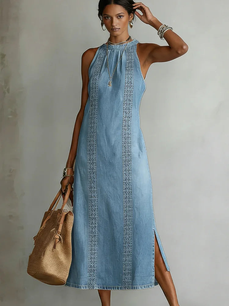 Embroidered High-Neck Denim Maxi Dress