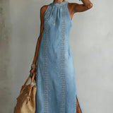 Embroidered High-Neck Denim Maxi Dress