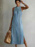 Embroidered High-Neck Denim Maxi Dress