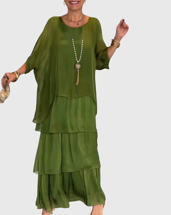 Elegant Flowy Maxi Dress Dark Green, studio photo