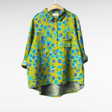 Elegant Summer Blouse in Chartreuse Blue Floral
