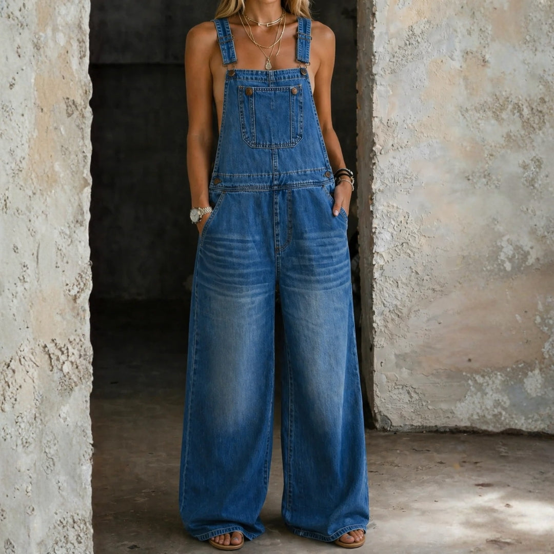 Elastic-Waist Denim Overalls