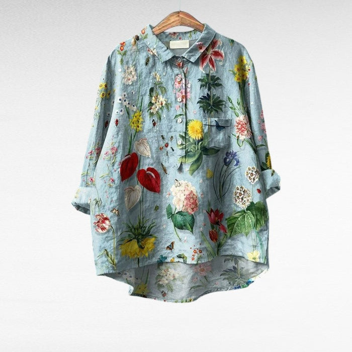 Elegant Summer Blouse in Pale Blue Botanical Study