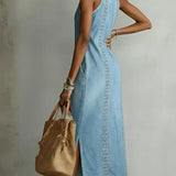Embroidered High-Neck Denim Maxi Dress