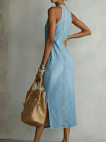 Embroidered High-Neck Denim Maxi Dress