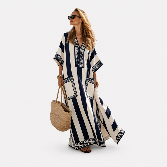 Elegant Kaftan in Navy and Ivory Bold Stripe