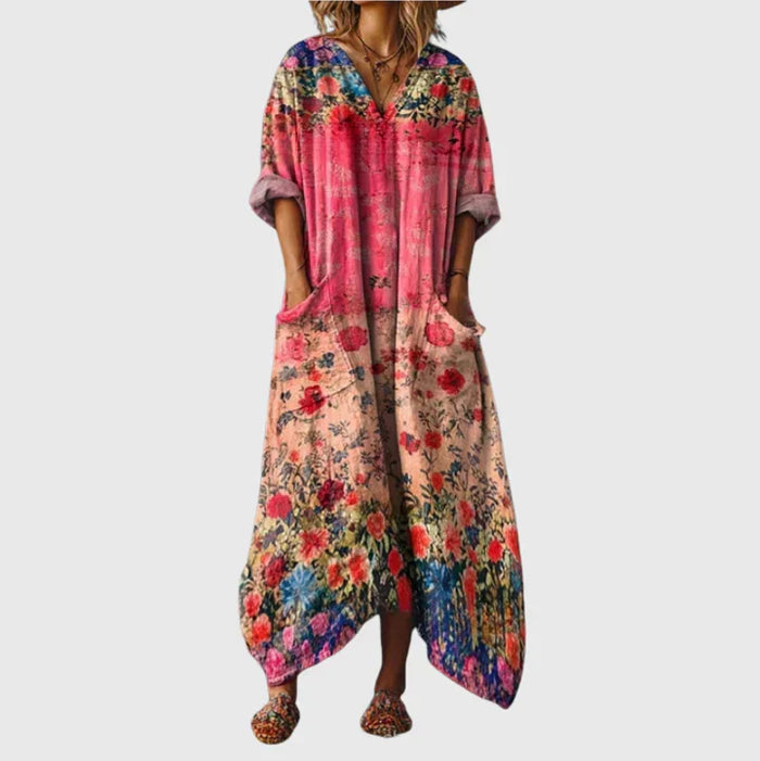 Colourful Print Maxi Dress in Coral Wildflower