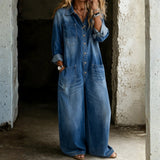 Buttoned Wide-Leg Denim Jumpsuit