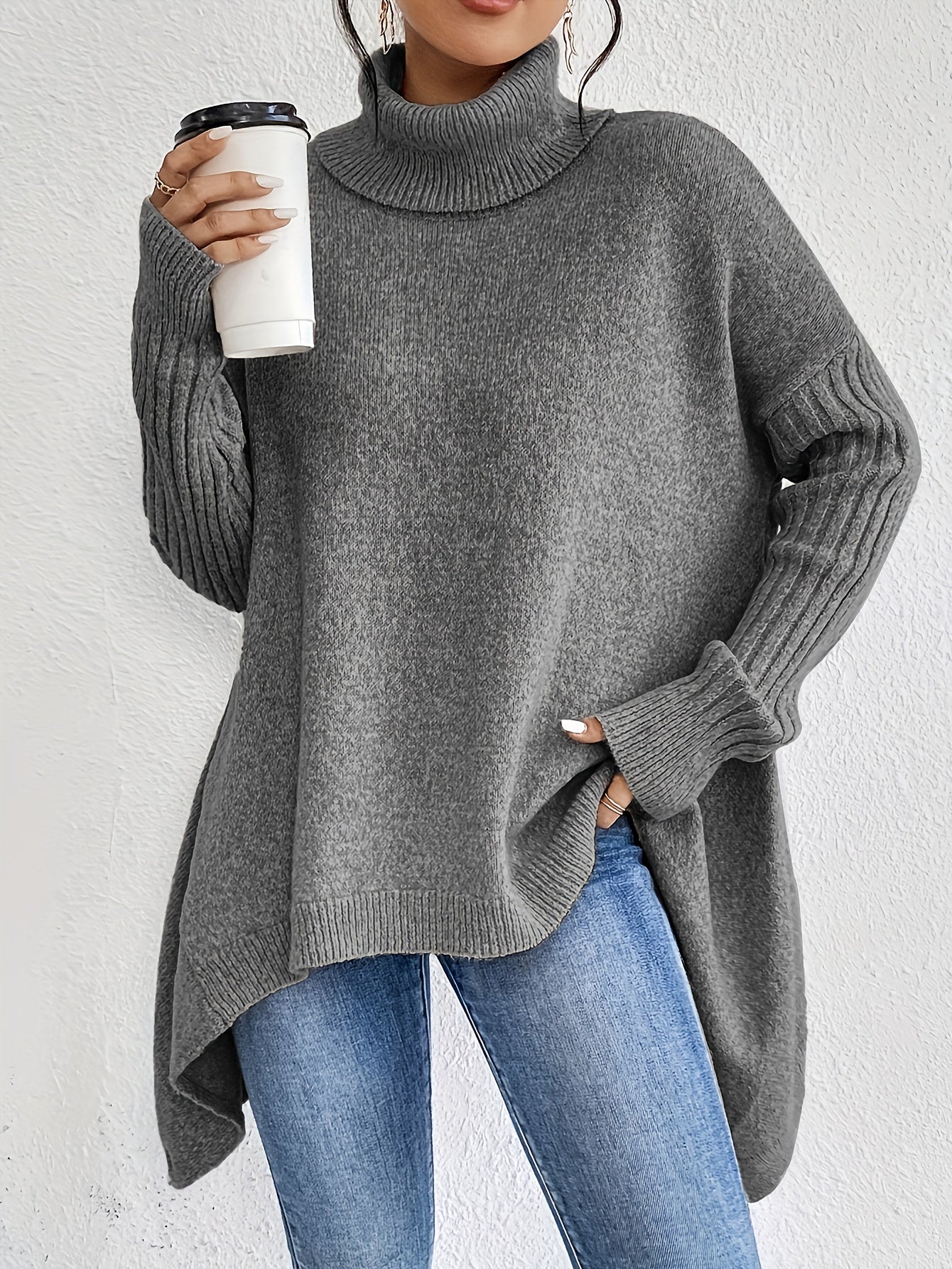 Long Split-Hem Turtleneck Jumper Grey, photo studio