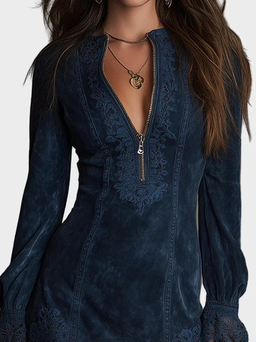 Jasmine | Blue Suede Short Dress with Lace