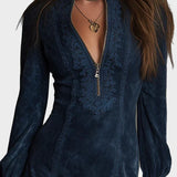 Jasmine | Blue Suede Short Dress with Lace