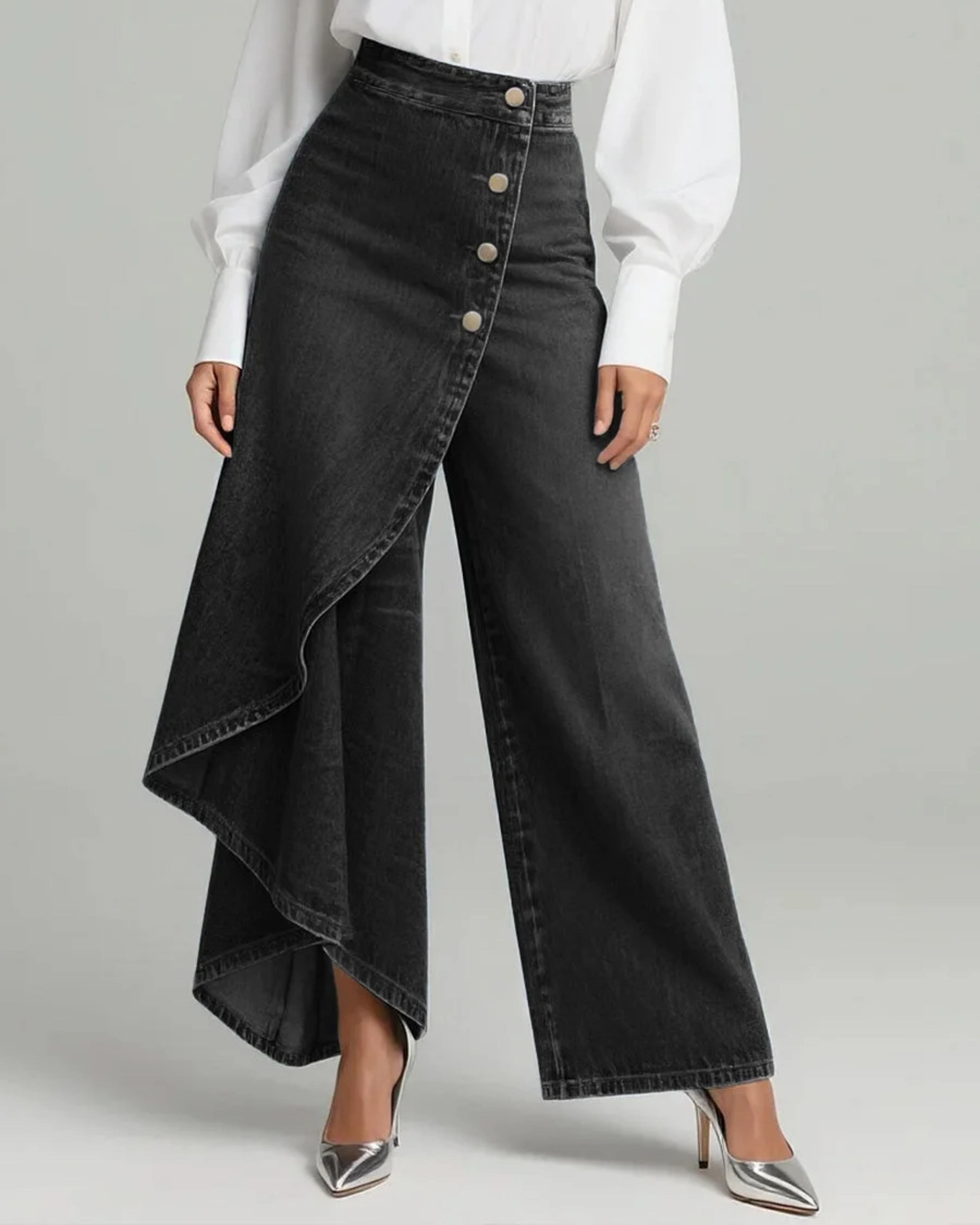 Wrap-Front Denim Trousers Black, studio photo