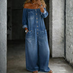 Off-the-Shoulder Long-Sleeve Denim Jumpsuit