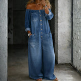 Off-the-Shoulder Long-Sleeve Denim Jumpsuit