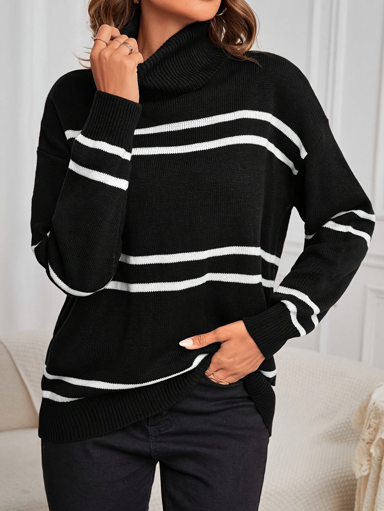 Camel Striped Turtleneck Jumper