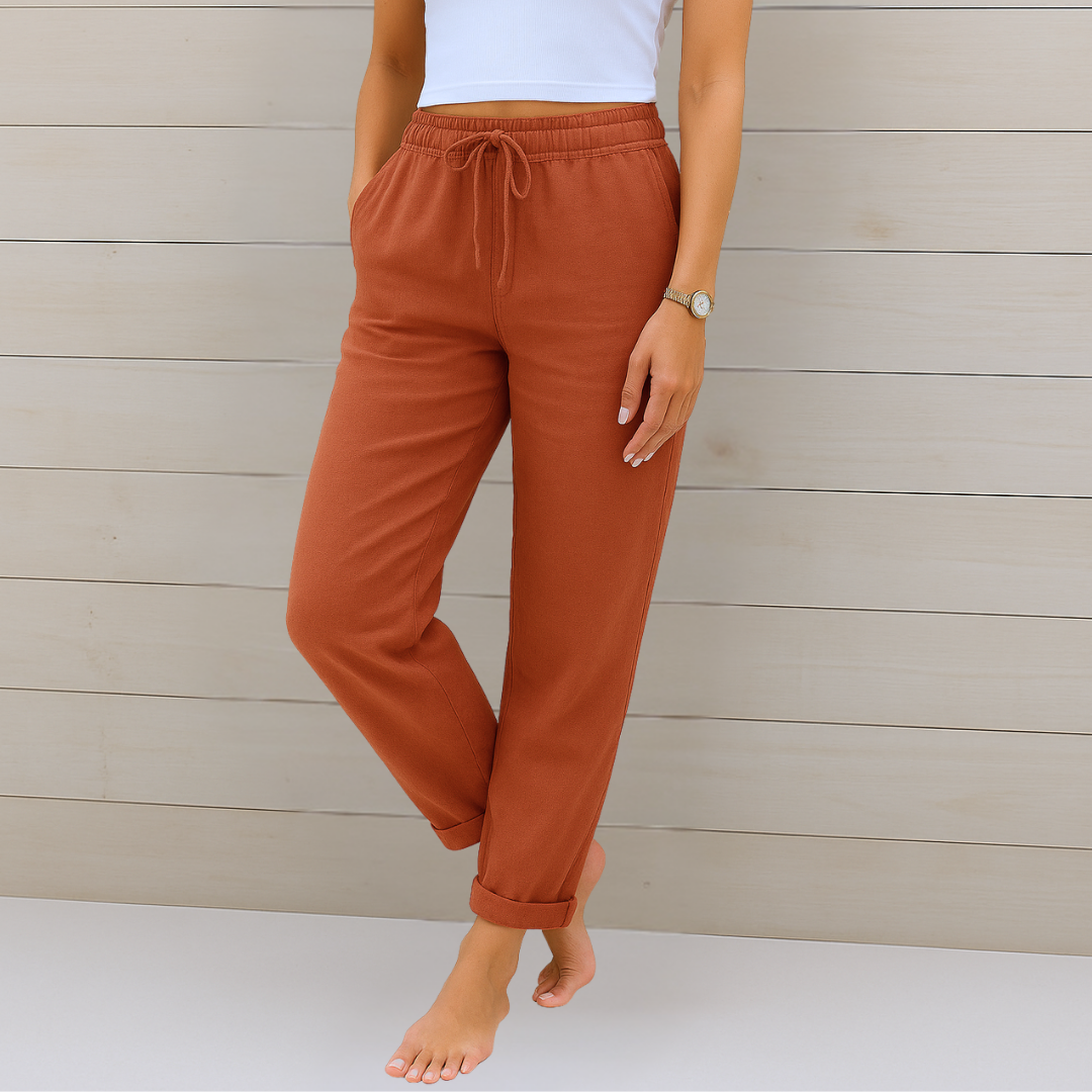 Adrianna Premium Linen Stretch Trousers Terracotta, photo studio