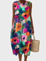 Julie | Sleeveless Midi Dress with a Painterly Flower Print