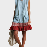 Amber | Light Blue Sleeveless Tunic Dress with Red Trim and Gathered Hem