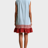 Amber | Light Blue Sleeveless Tunic Dress with Red Trim and Gathered Hem