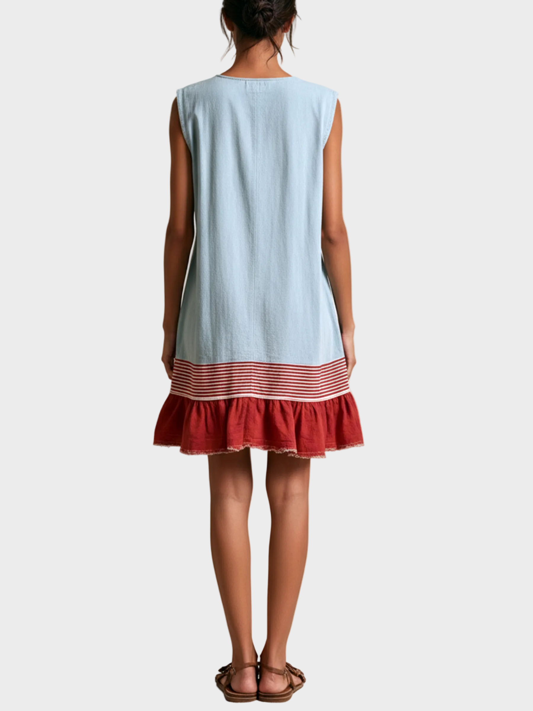 Amber | Light Blue Sleeveless Tunic Dress with Red Trim and Gathered Hem