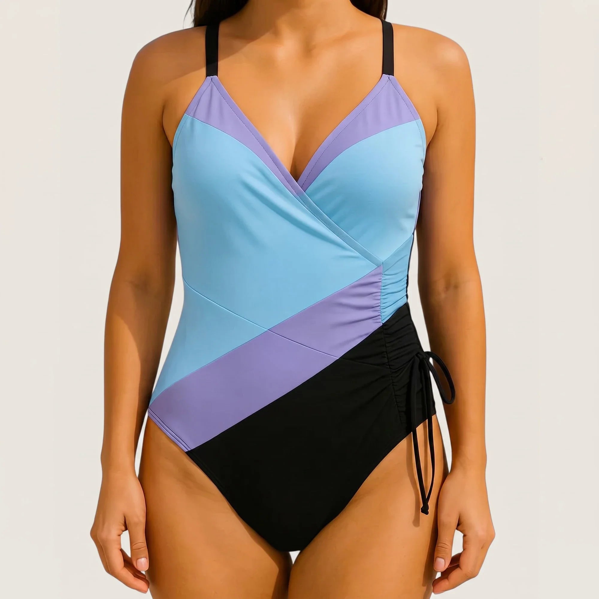 Elegant Shaping One-Piece Swimsuit Striped Blue, photo studio