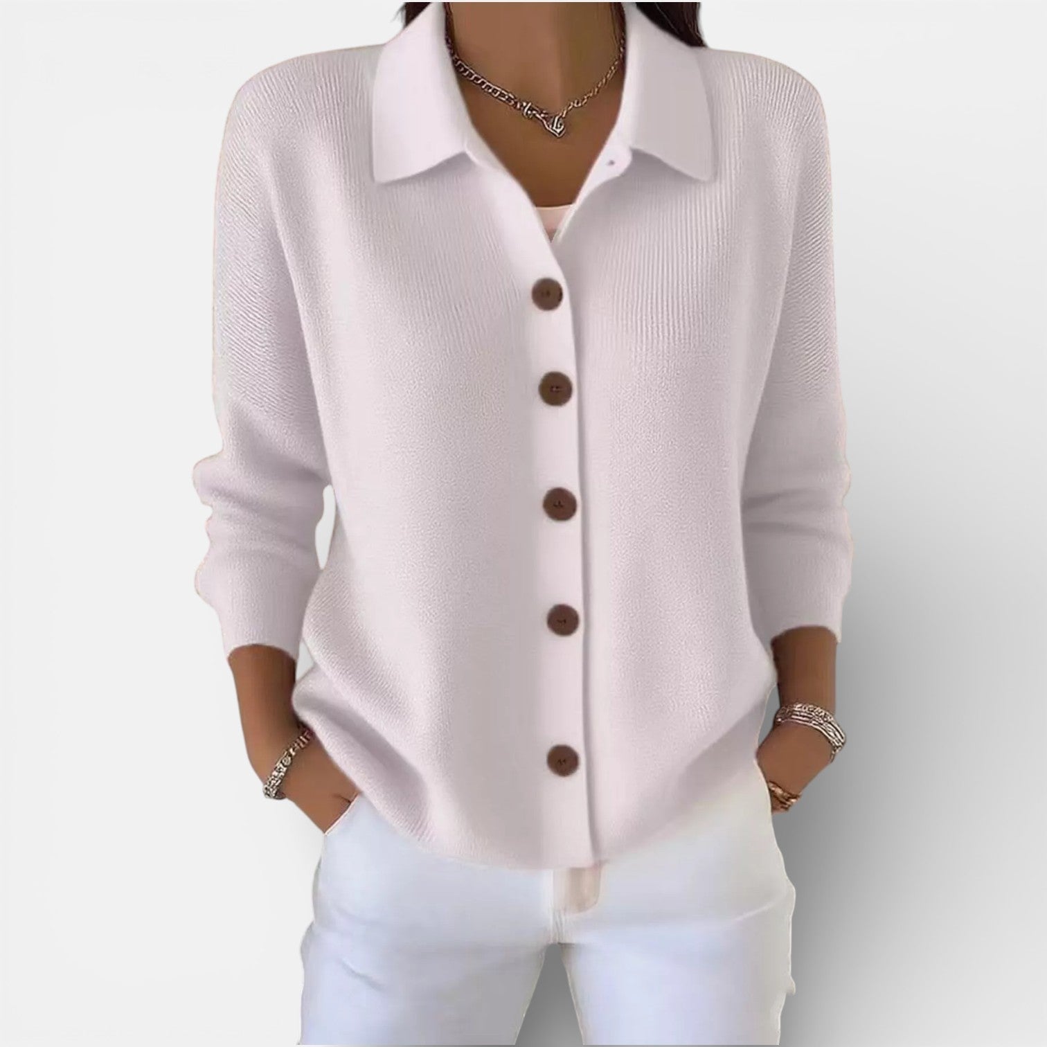 Rosanna | Knit Polo-Collar Button Blouse Grey/White, studio photo