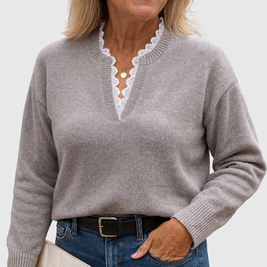 Navy Lace V-Neck Jumper Grey, studio photo