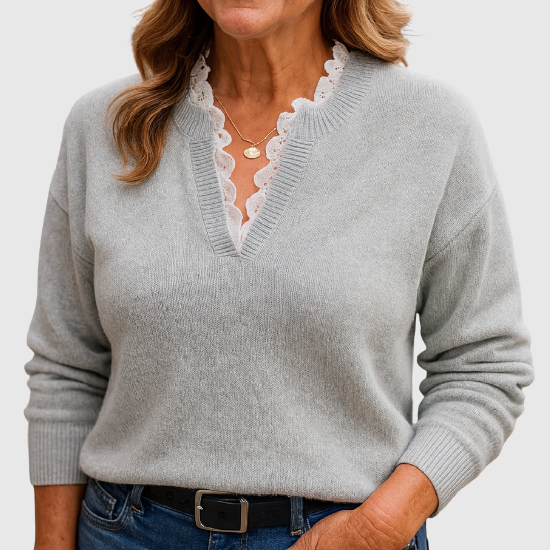 Navy Lace V-Neck Jumper Light Grey, studio photo