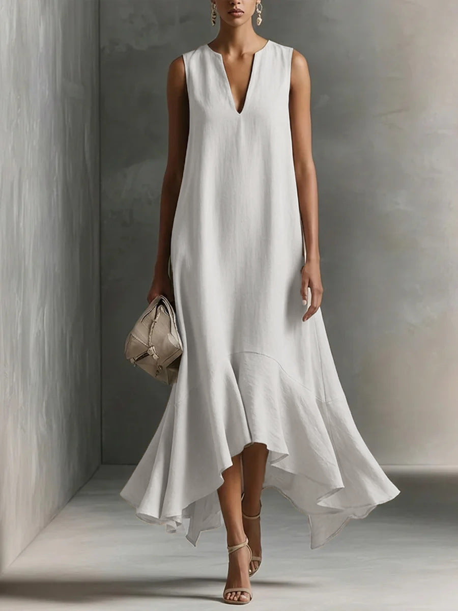 Juliana | Flowy Sleeveless Dress with Asymmetric Ruffle White, studio photo