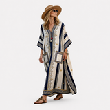 Elegant Kaftan in Ivory and Navy Panel Stripe
