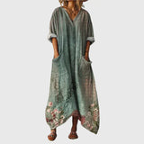 Colourful Print Maxi Dress in Sage Washed Linen
