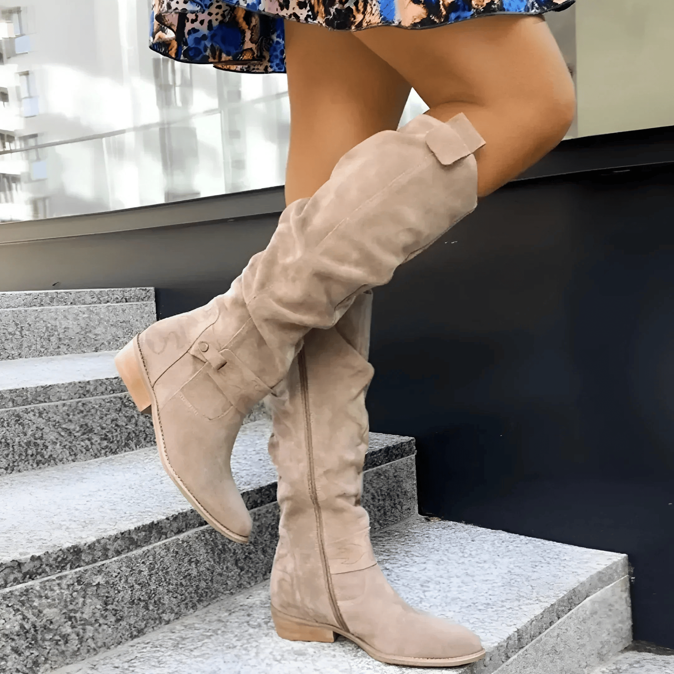 Madeleine Knee-High Suede Boots Beige, photo studio