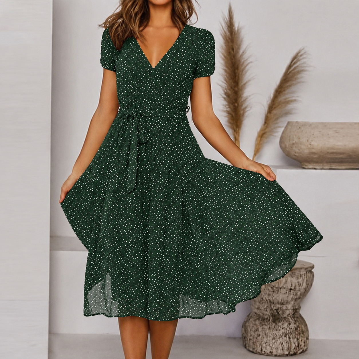 Averil | On-Trend Casual V-Neck Dress Green, studio photo