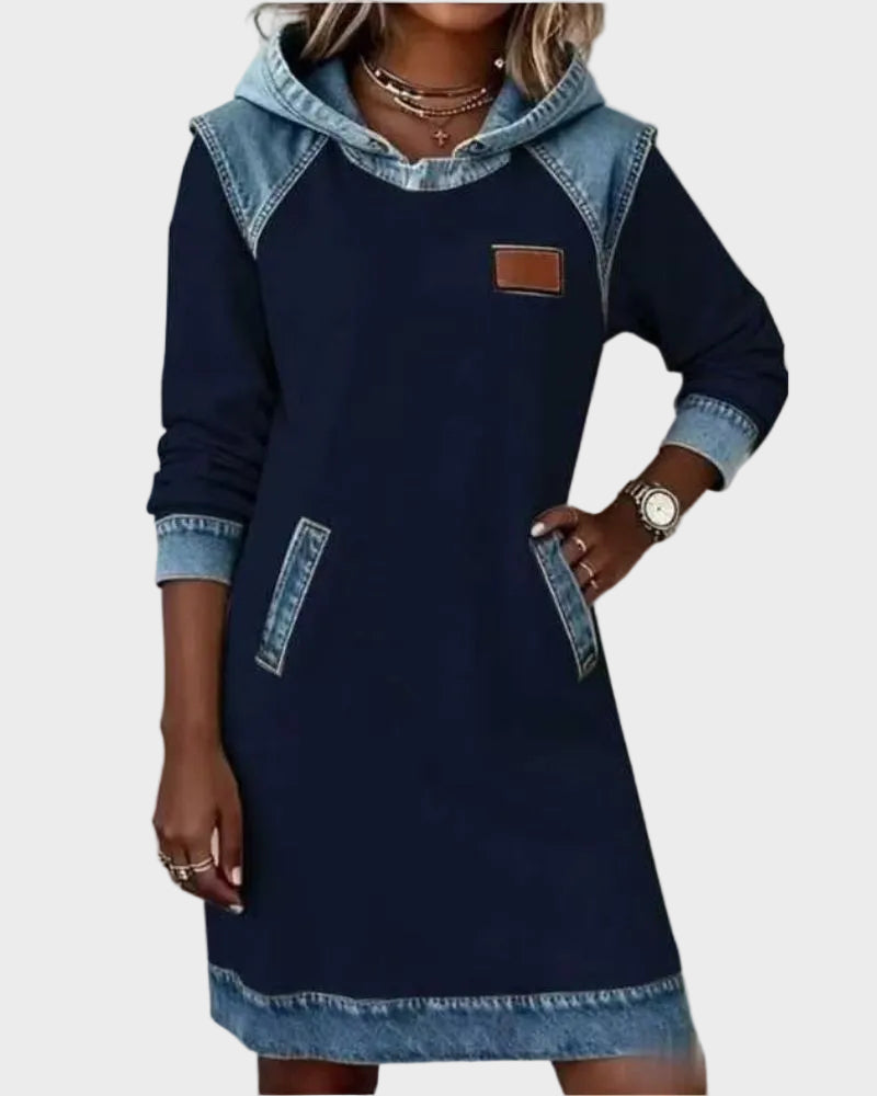 Irene | Hooded Denim Dress Blue, photo studio