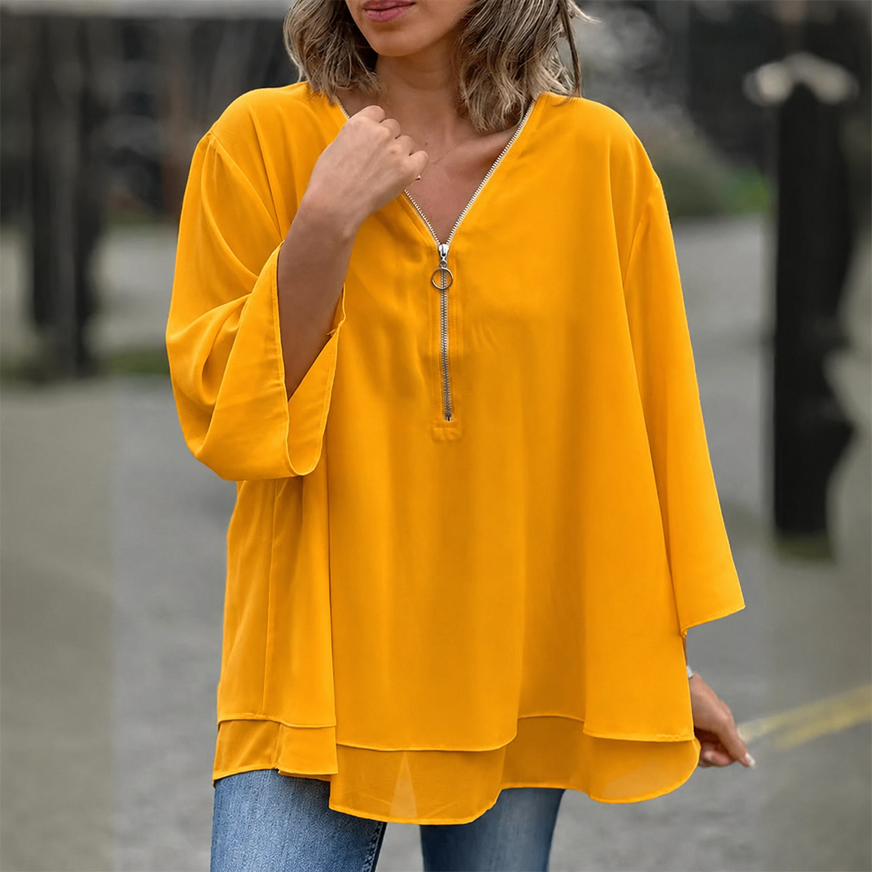 Anika | Double-Hem Zip-Neck Blouse Yellow, studio photo