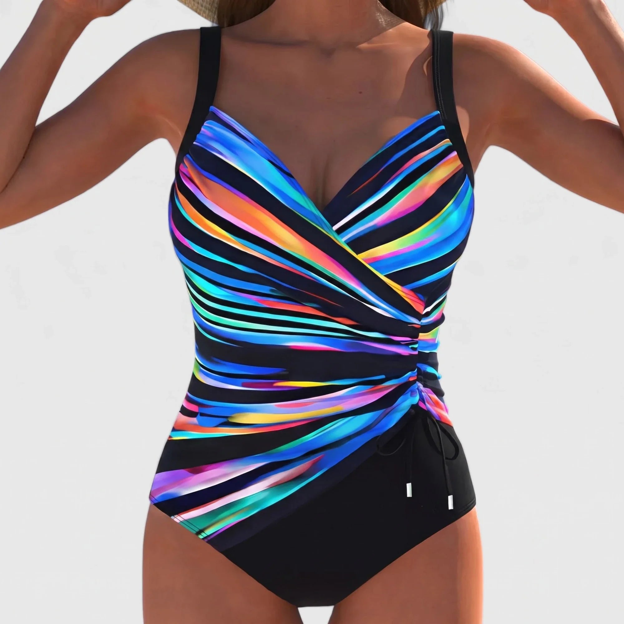 Elegant Shaping One-Piece Swimsuit Striped Black, photo studio