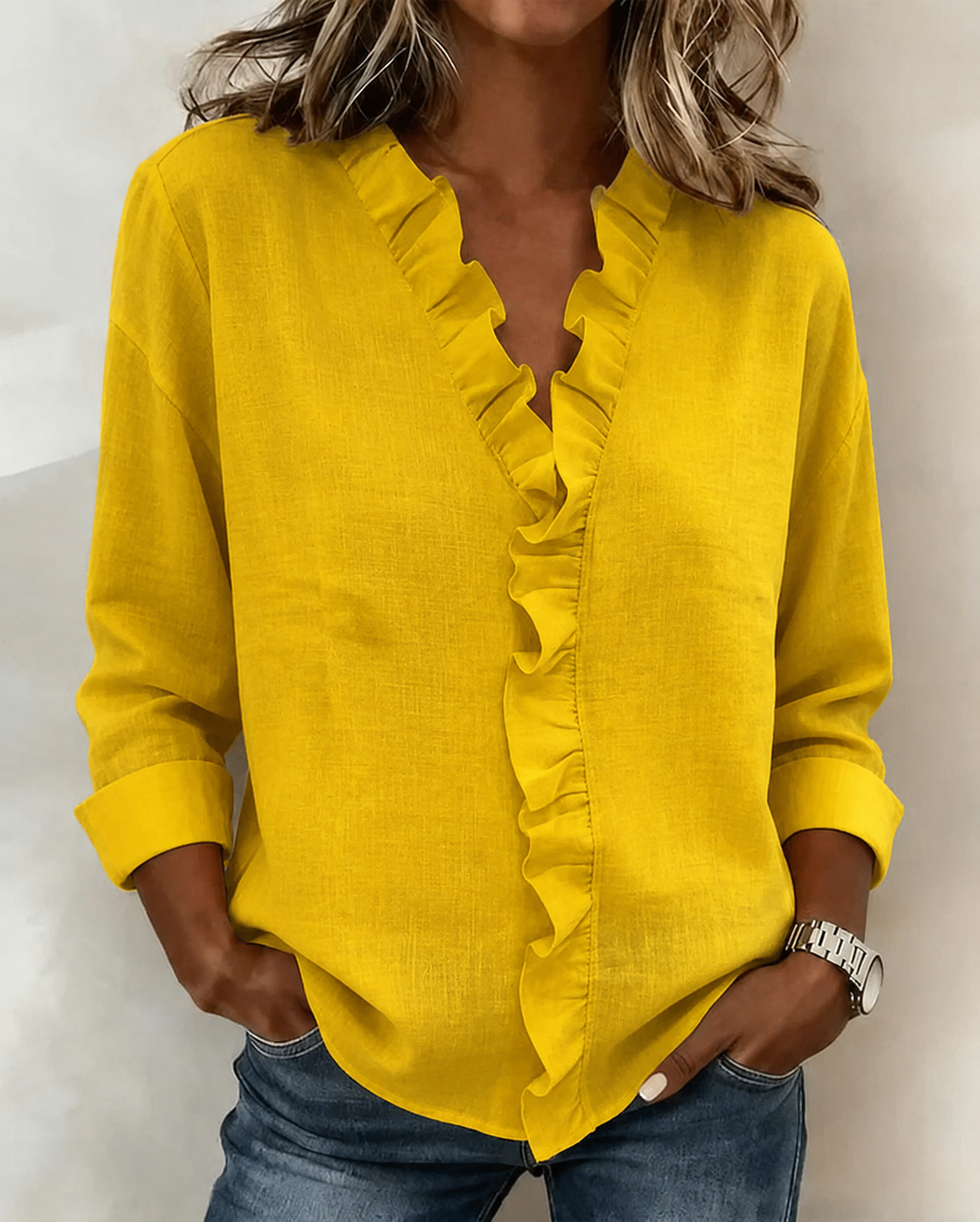 Hope | Refined Ruffled V-Neck Blouse Yellow, studio photo
